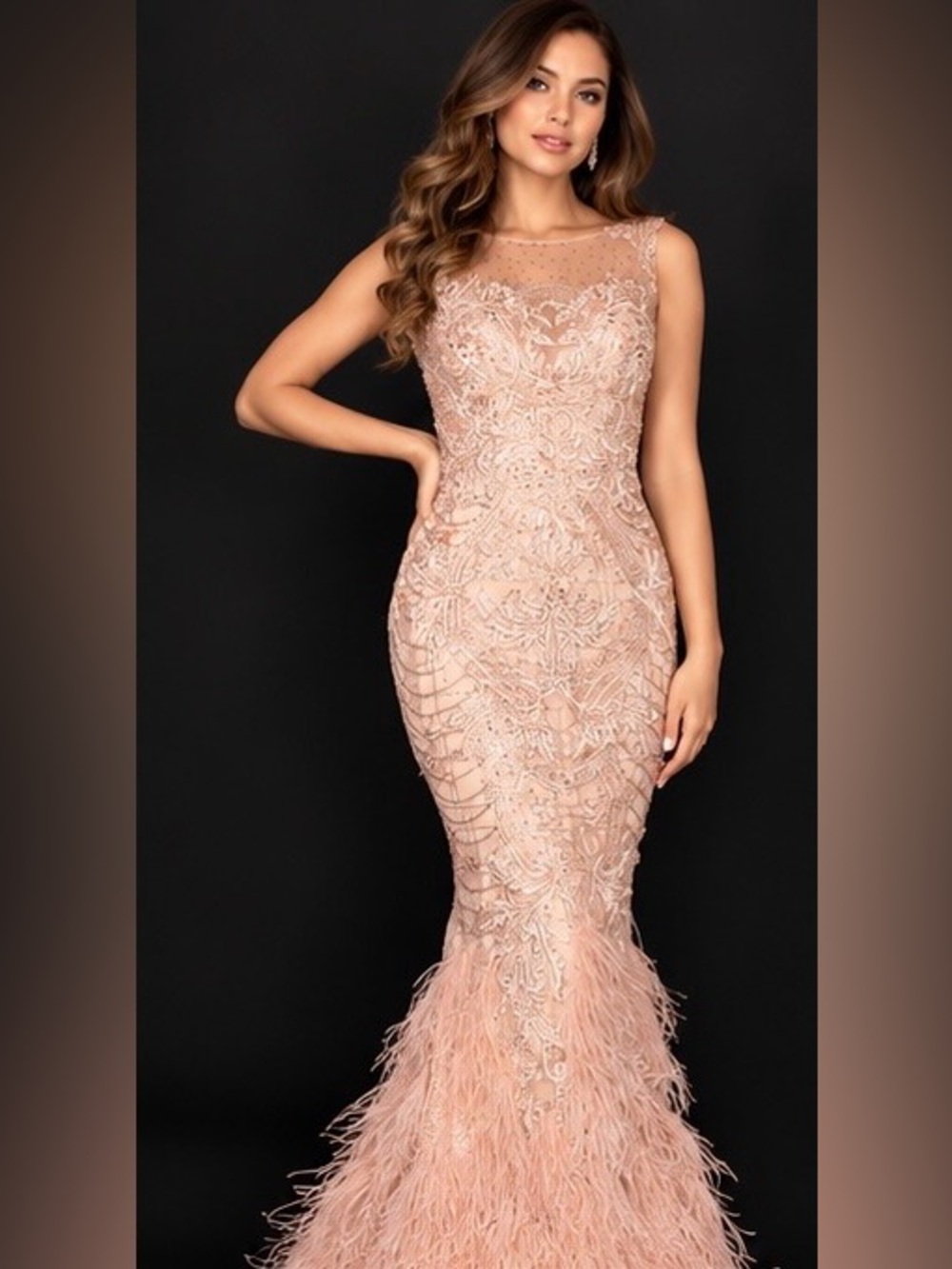 Terani Couture Beaded Sequin Feather Mermaid Formal Gown